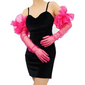 Women's Fuschia Ruffle Puff Tulle Fabric Mesh Long Sleeve Gloves Cocktail Prom